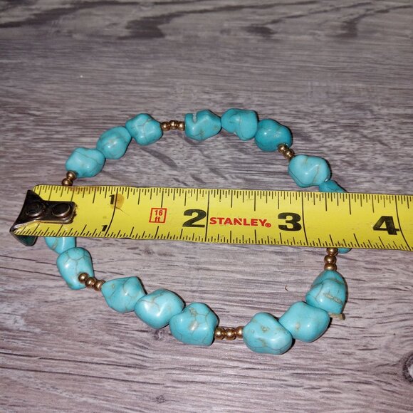 Vintage Boho Bead Bracelet Turquoise & Gold Nugget Stretch Statement Healing - Picture 3 of 5
